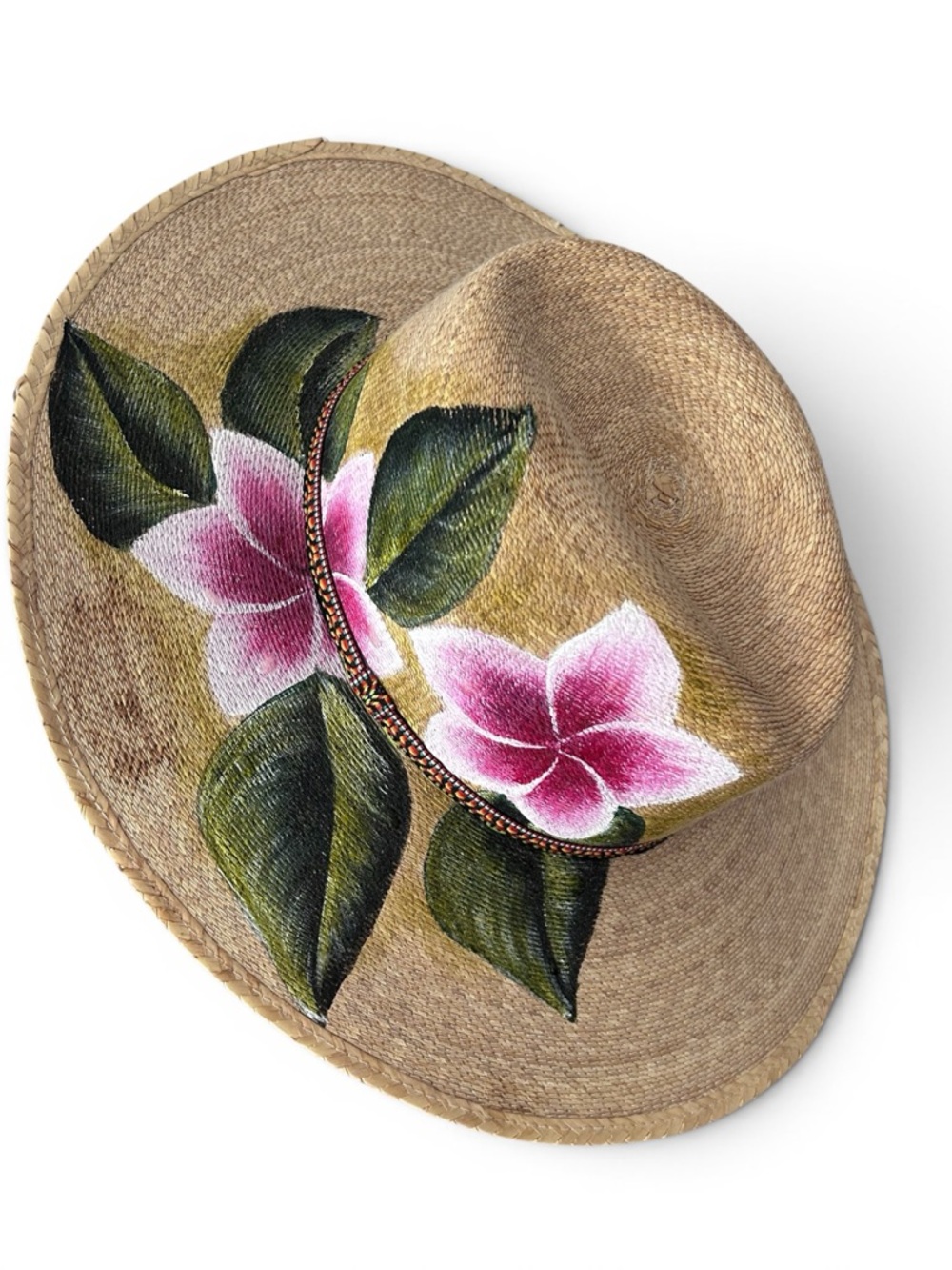Hand Painted Straw Hat Pink Plumeria Made In Mexico Size Medium
